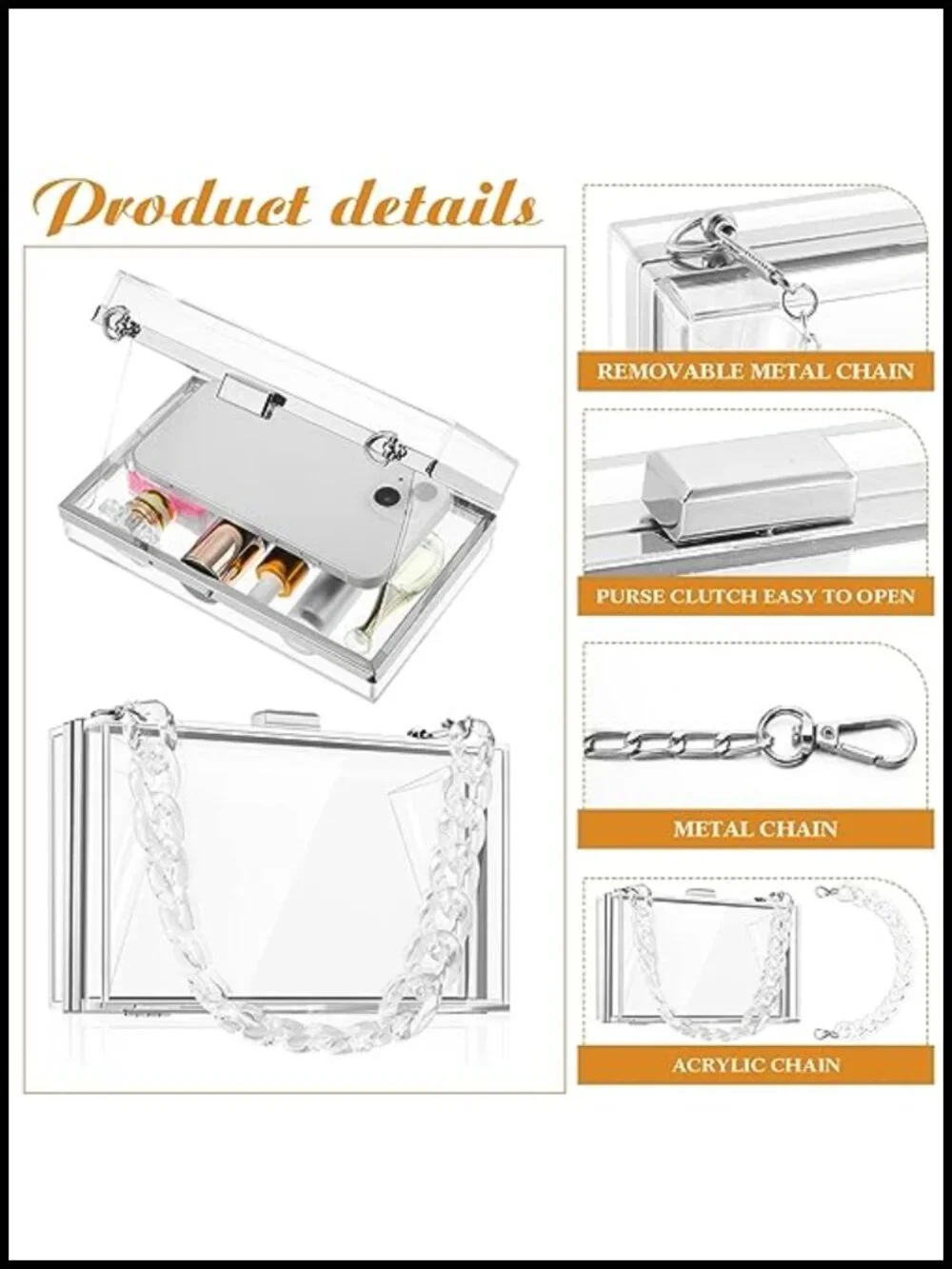 4 Pack Clear Acrylic Clutch Purse Stadium Approved with Chain Straps Evening
